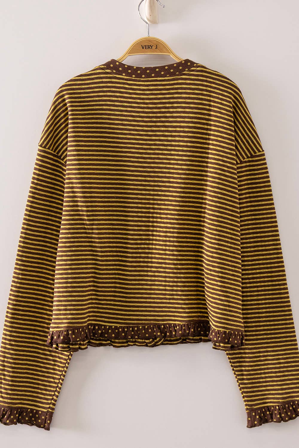 NT12834-Polka Dot Trim Stripe Button-Up Cardigan: CREAM/BLACK / S-M-L/2-2-2