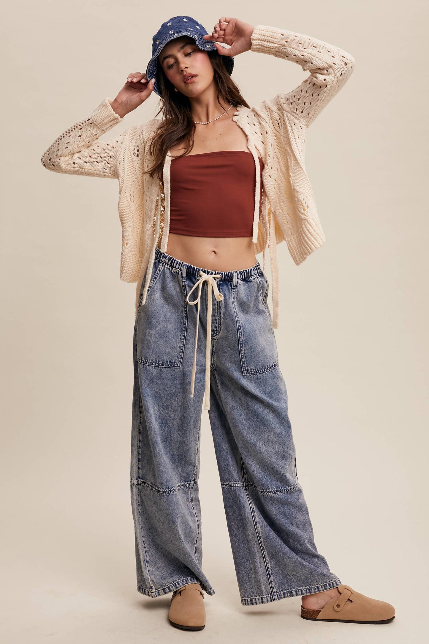 Wide-Leg Denim Drawstring Pants: Blue Denim