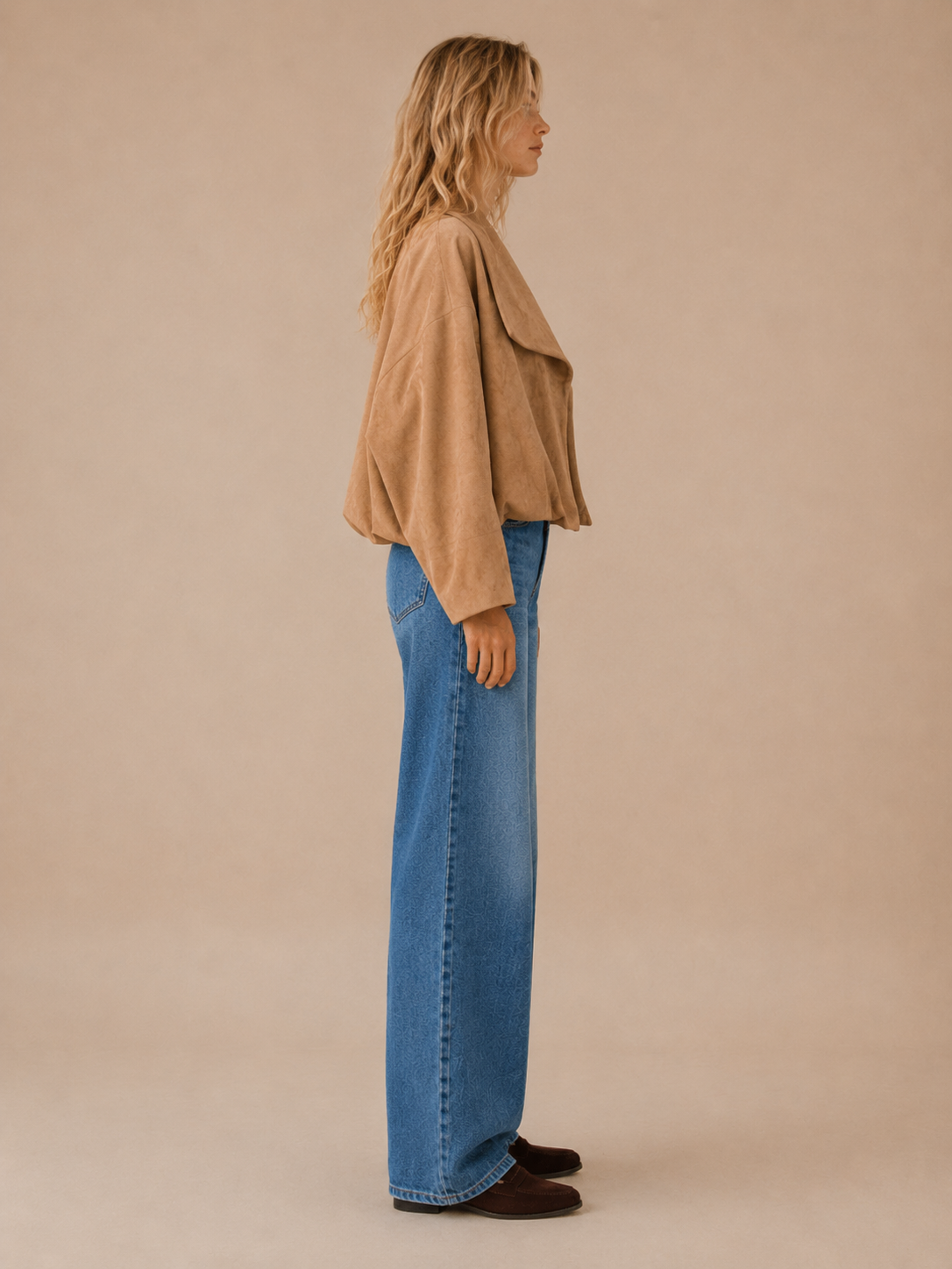 SA10128J - Balloon Hem Suede Open Jacket: TAUPE / M