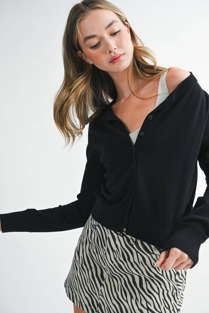 5176GN Ribbed Button-Up Knit Cardigan: Black / Contemporary / L