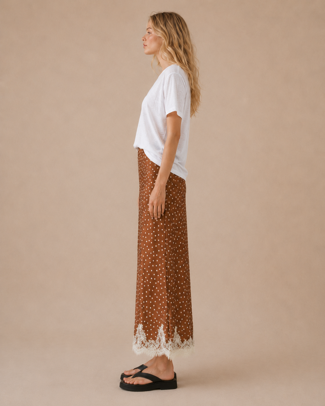 SA10146S - Lace Trim Polka Dot Maxi Skirt: TOFFEE / L