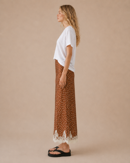 SA10146S - Lace Trim Polka Dot Maxi Skirt: TOFFEE / S