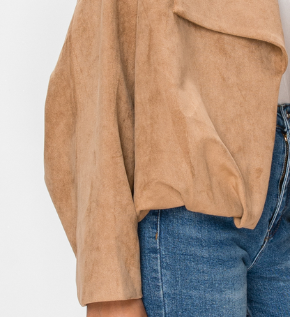 SA10128J - Balloon Hem Suede Open Jacket: TAUPE / M