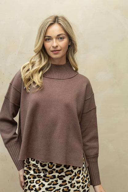 SA00121T - Soft Overlock Mock Neck Sweater: MOCHA / S/M