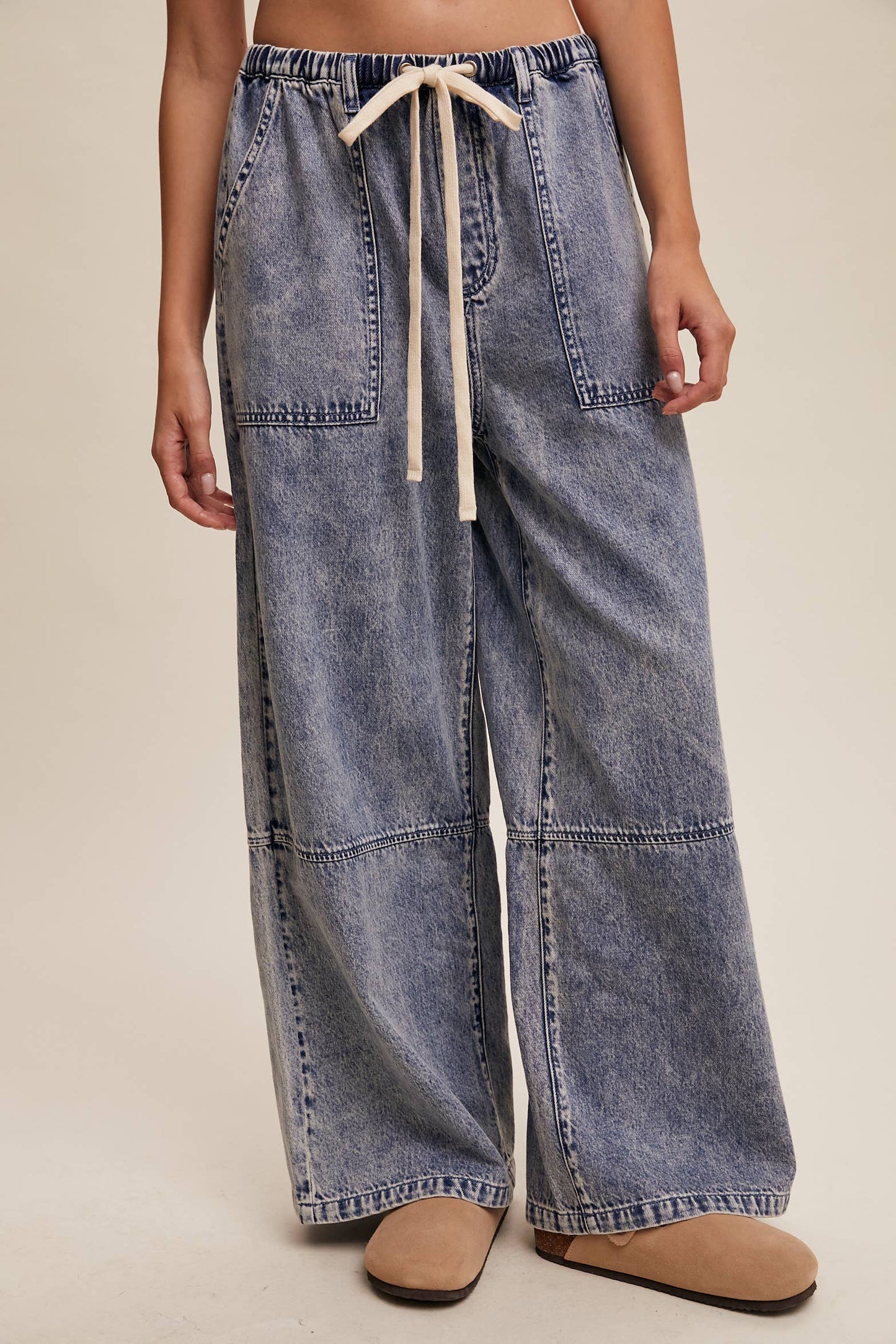 Wide-Leg Denim Drawstring Pants: Blue Denim
