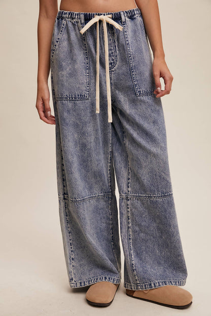 Wide-Leg Denim Drawstring Pants: Blue Denim