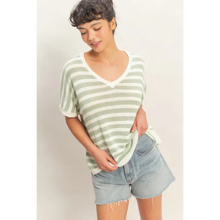 Demi Striped Tee- Sage Green