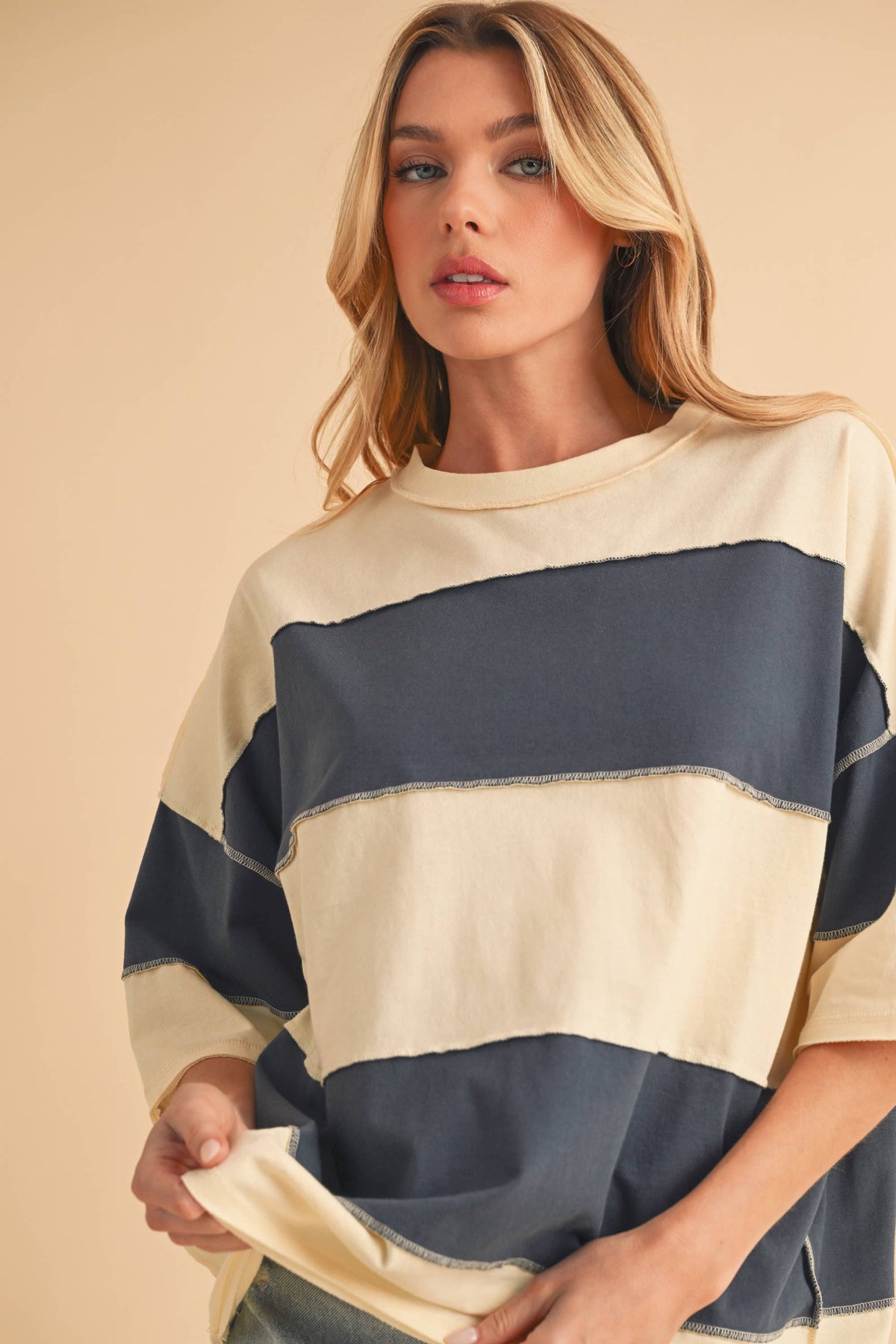8417FN Polly Color Block Top: Butter Green / Contemporary / L