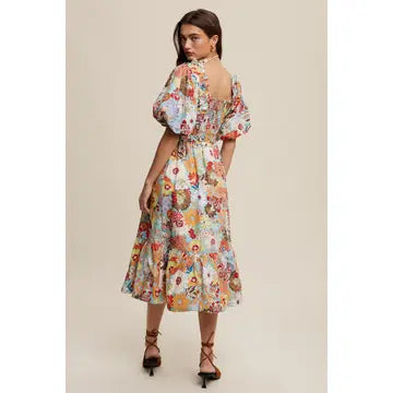 Vintage Flower Print Puff-Sleeve Midi Dress