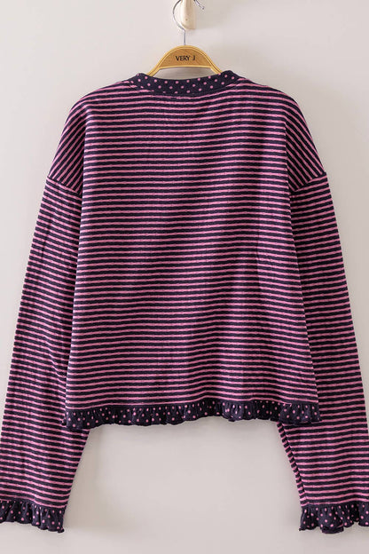 NT12834-Polka Dot Trim Stripe Button-Up Cardigan: CREAM/BLACK / S-M-L/2-2-2
