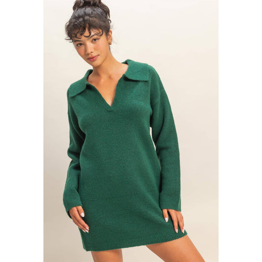 Sophisticated Polo Long Sleeve Sweater Dress- Dark Green