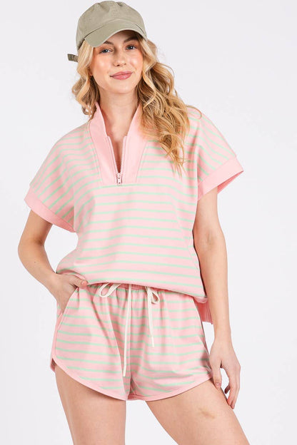 HALF ZIP UP STRIPED TOP AND SHORTS SETS : BLUE/PINK / L