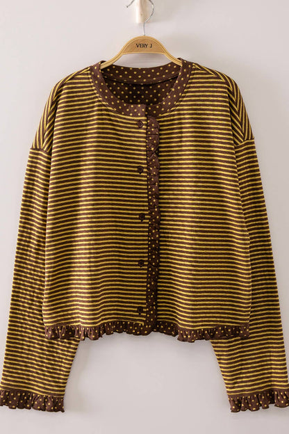 NT12834-Polka Dot Trim Stripe Button-Up Cardigan: CREAM/BLACK / S-M-L/2-2-2
