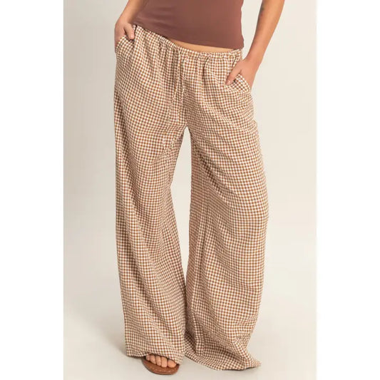 Gingham Drawstring Wide-Leg Pants- Brown