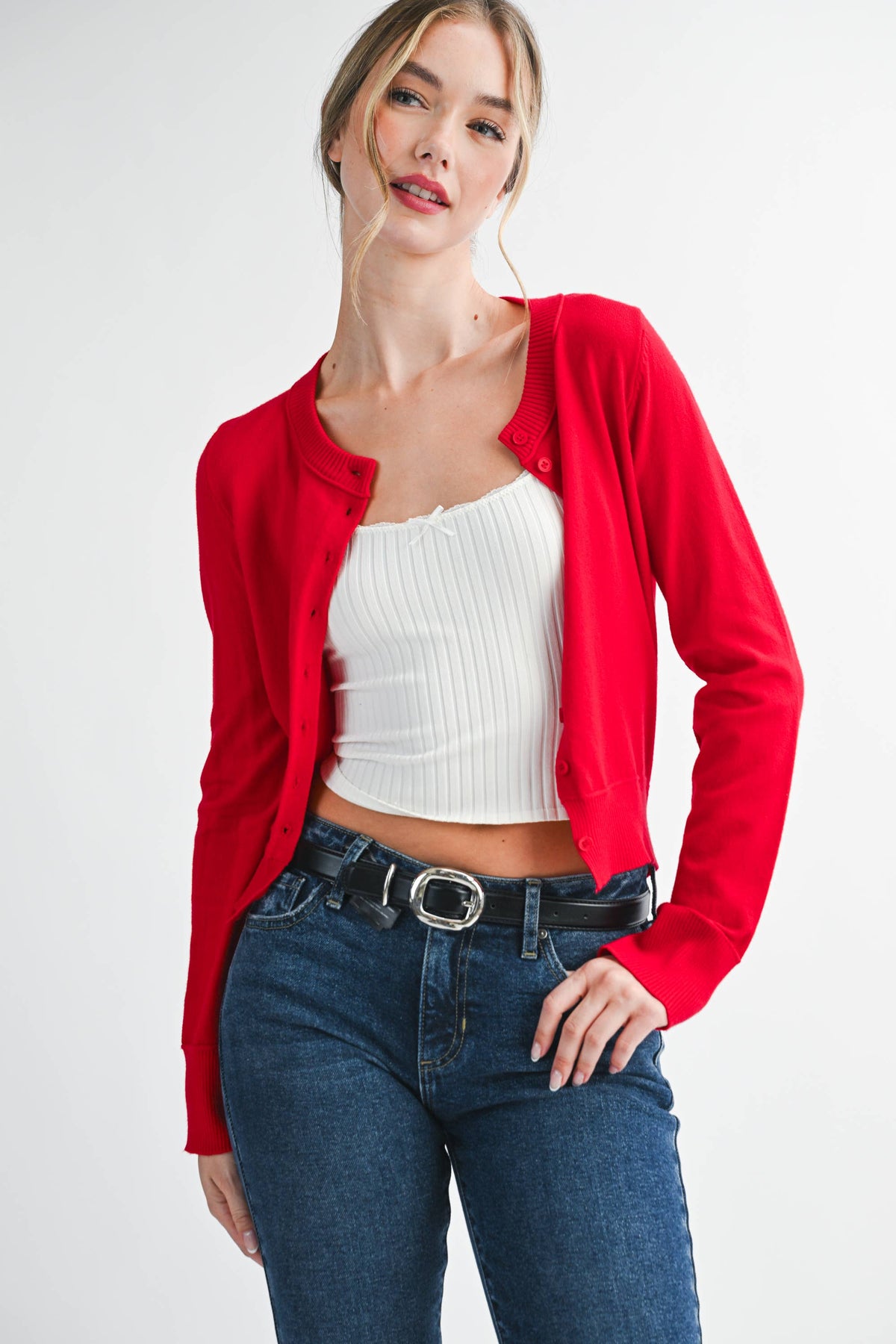 5176GN Ribbed Button-Up Knit Cardigan: Black / Contemporary / L