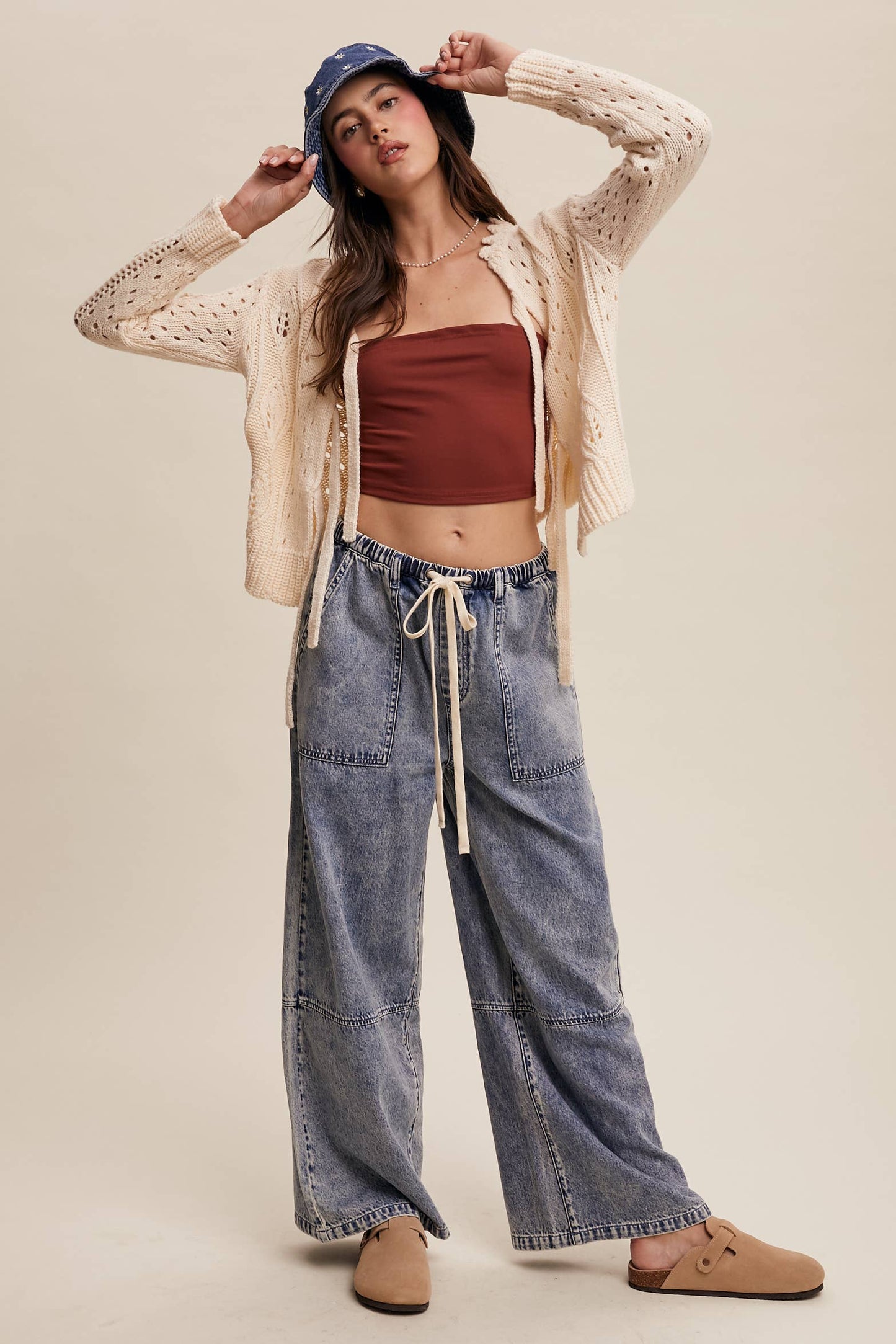 Wide-Leg Denim Drawstring Pants: Blue Denim