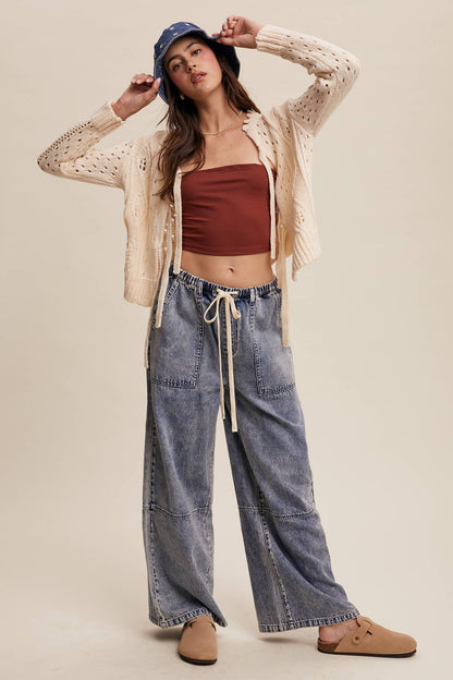 Wide-Leg Denim Drawstring Pants: Blue Denim