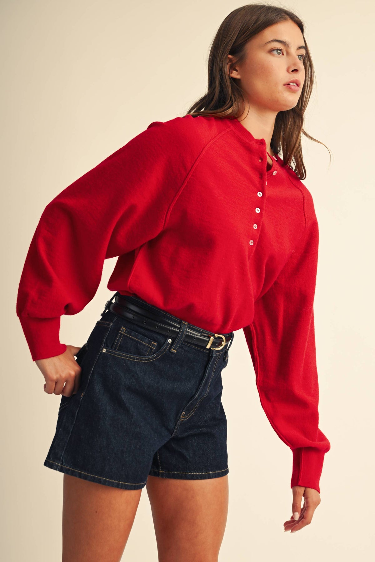 Layla Luxe Knit Henley Pullover Sweater- Red