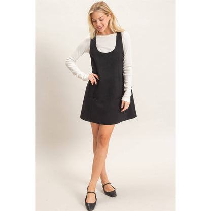 Sleeveless Suede Mini Dress-Black