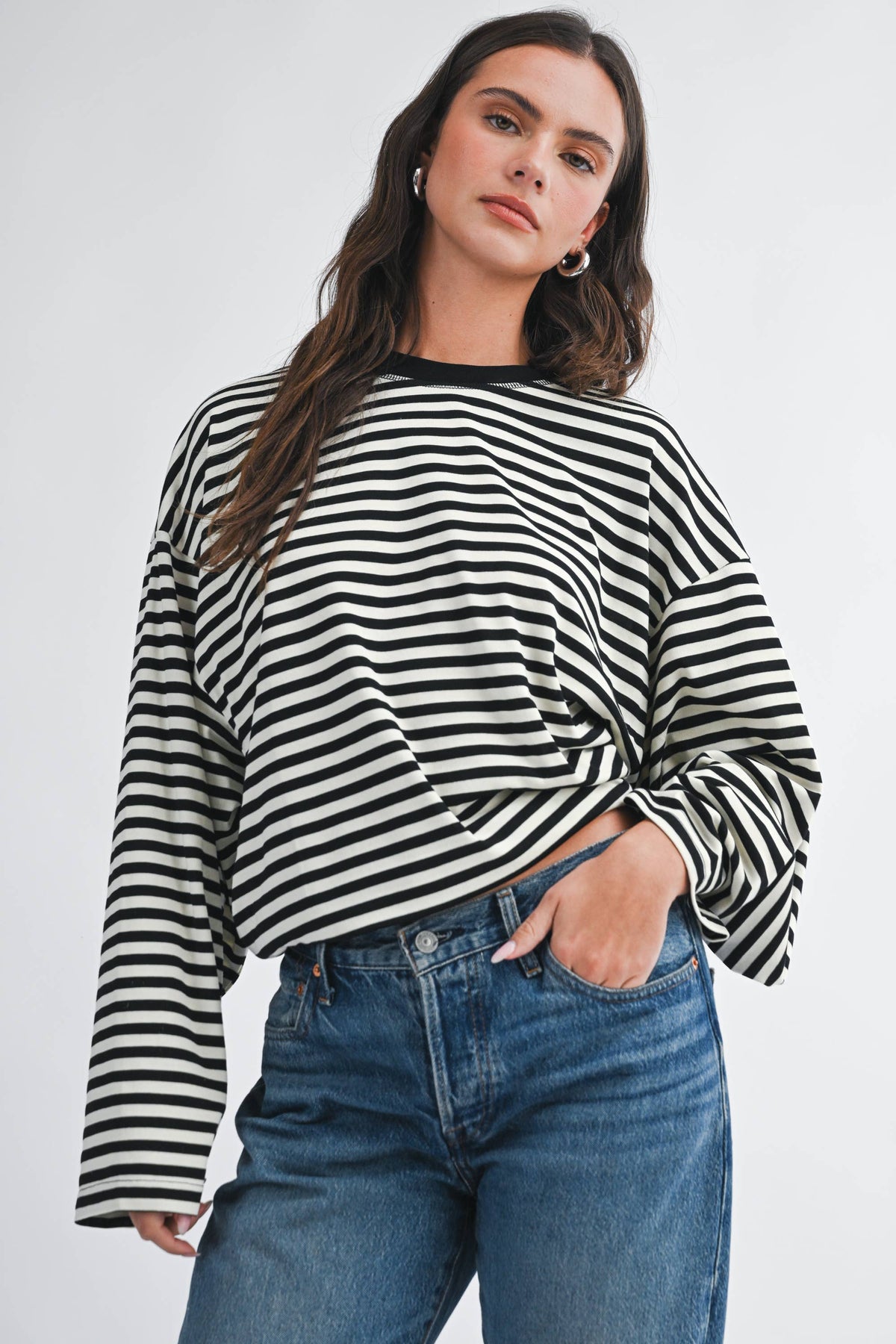 Olivia Oversized Stripe Long Sleeve Top-Chocolate