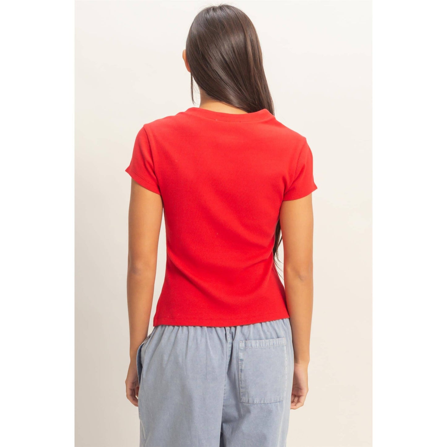 Ribbed Button-Front Crew Neck Top-Red