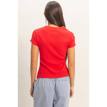 Ribbed Button-Front Crew Neck Top-Red