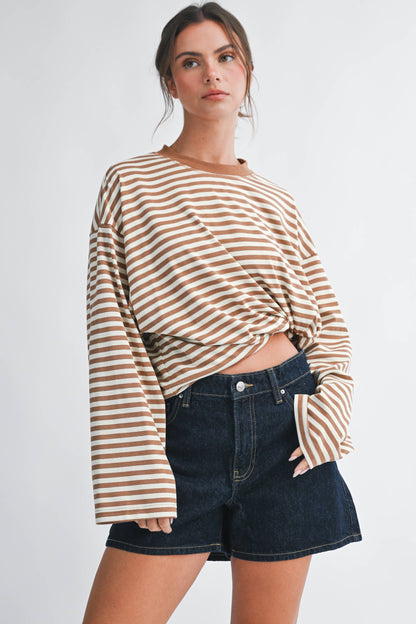 Olivia Oversized Stripe Long Sleeve Top-Chocolate