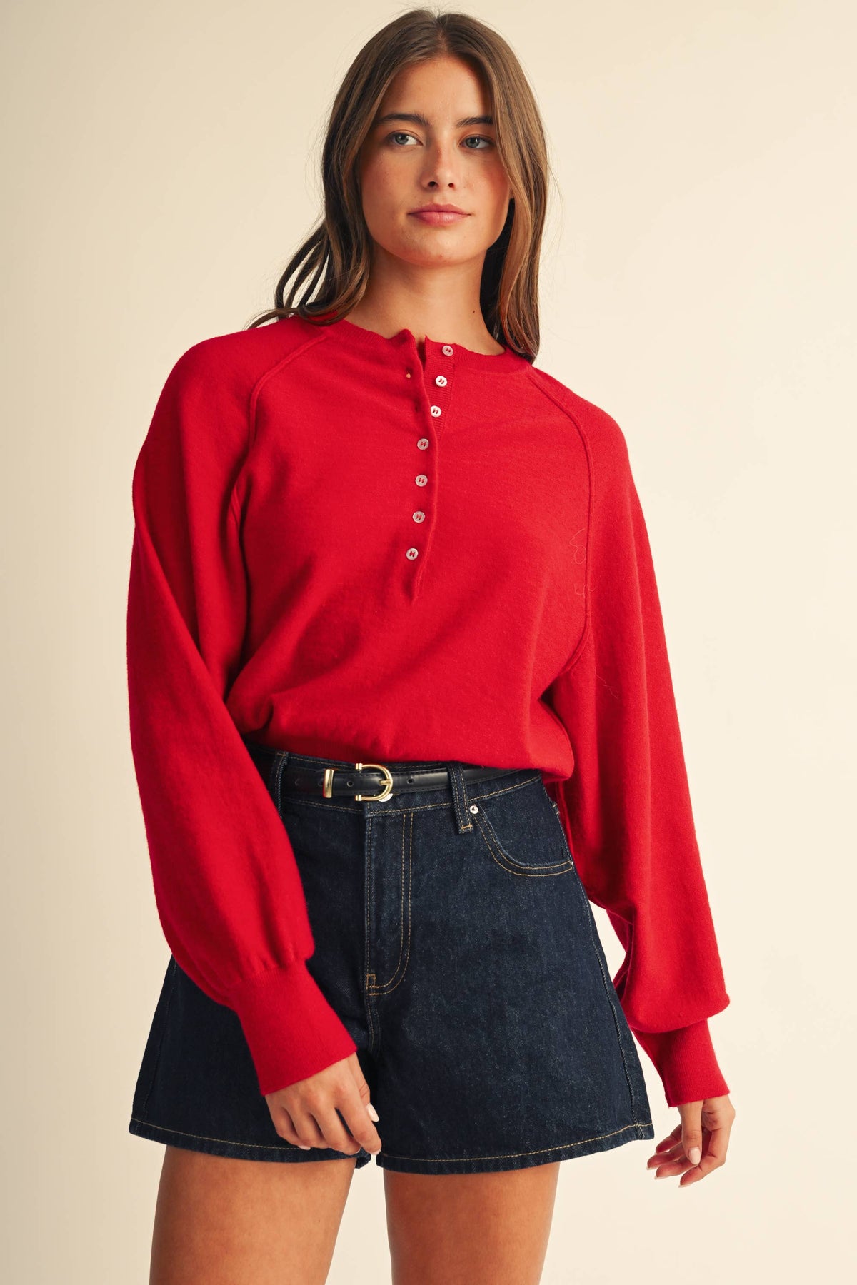Layla Luxe Knit Henley Pullover Sweater- Red