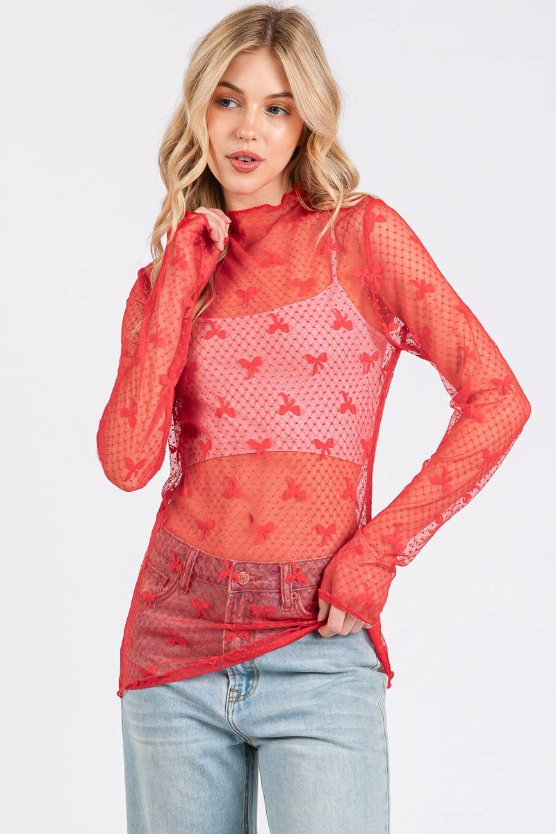 Bow Print Long Sleeve Lace Top- Red