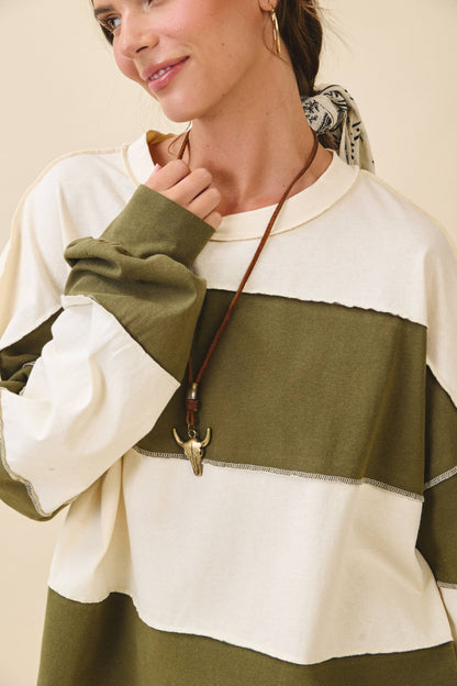 Oversized Color Block Long Sleeve Pullover-Butter Olive