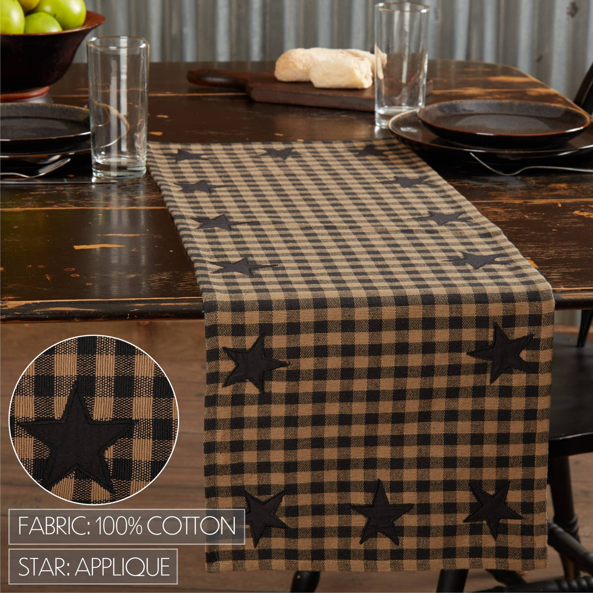 Black Check Star Table Runner 13x36