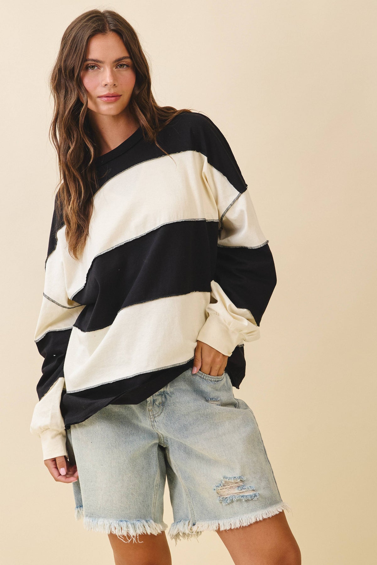 Oversized Color Block Long Sleeve Pullover- Black