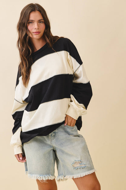 Oversized Color Block Long Sleeve Pullover- Black