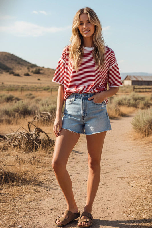 Striped Oversized Knit Top- Red + White