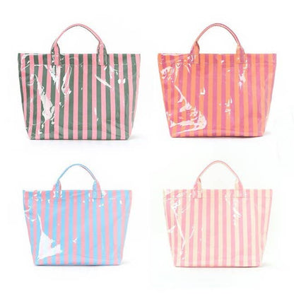 Large Striped Vinyl Tote Bags- Blue + Pink