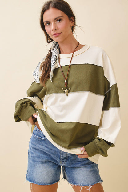 Oversized Color Block Long Sleeve Pullover-Butter Olive