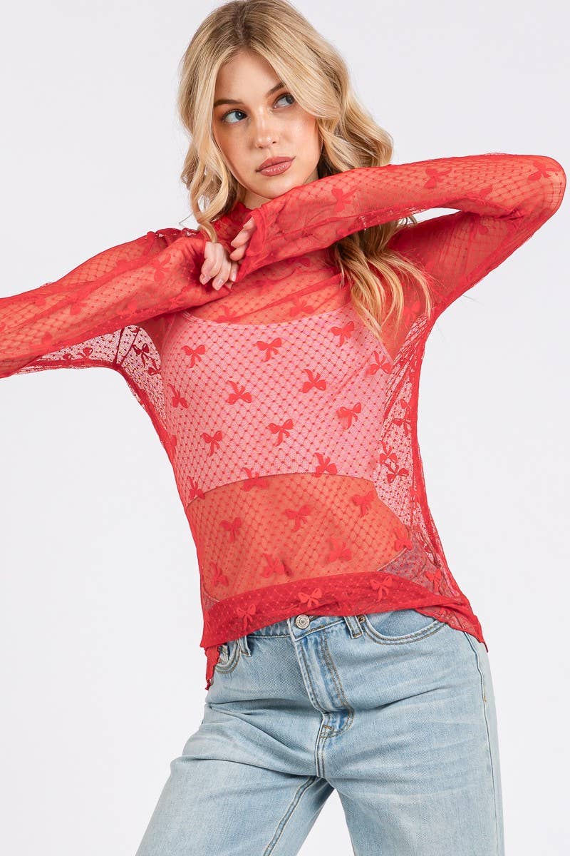 Bow Print Long Sleeve Lace Top- Red