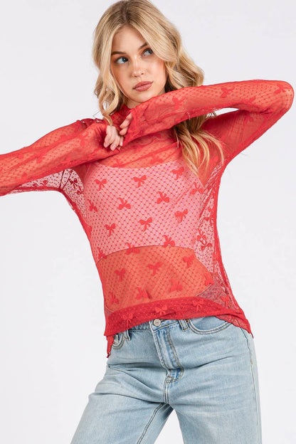 Bow Print Long Sleeve Lace Top- Red