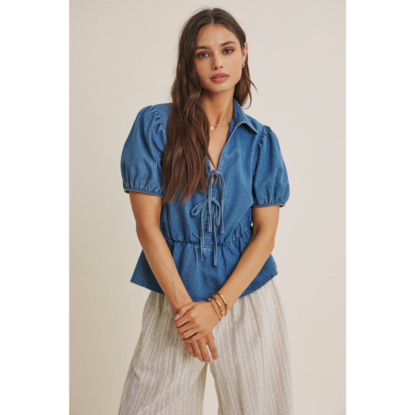 Chambray Denim Bow Blouse