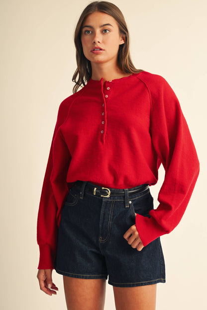 Layla Luxe Knit Henley Pullover Sweater- Red