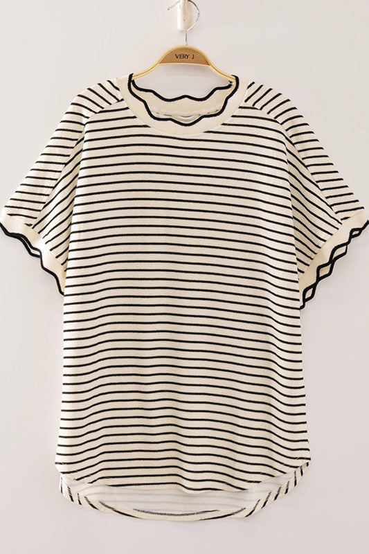 Scallop Trim Stripe Knit Top-White Stripe
