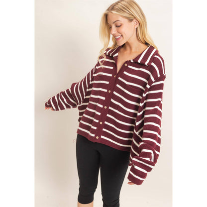Striped Button Front Cardigan- Wine