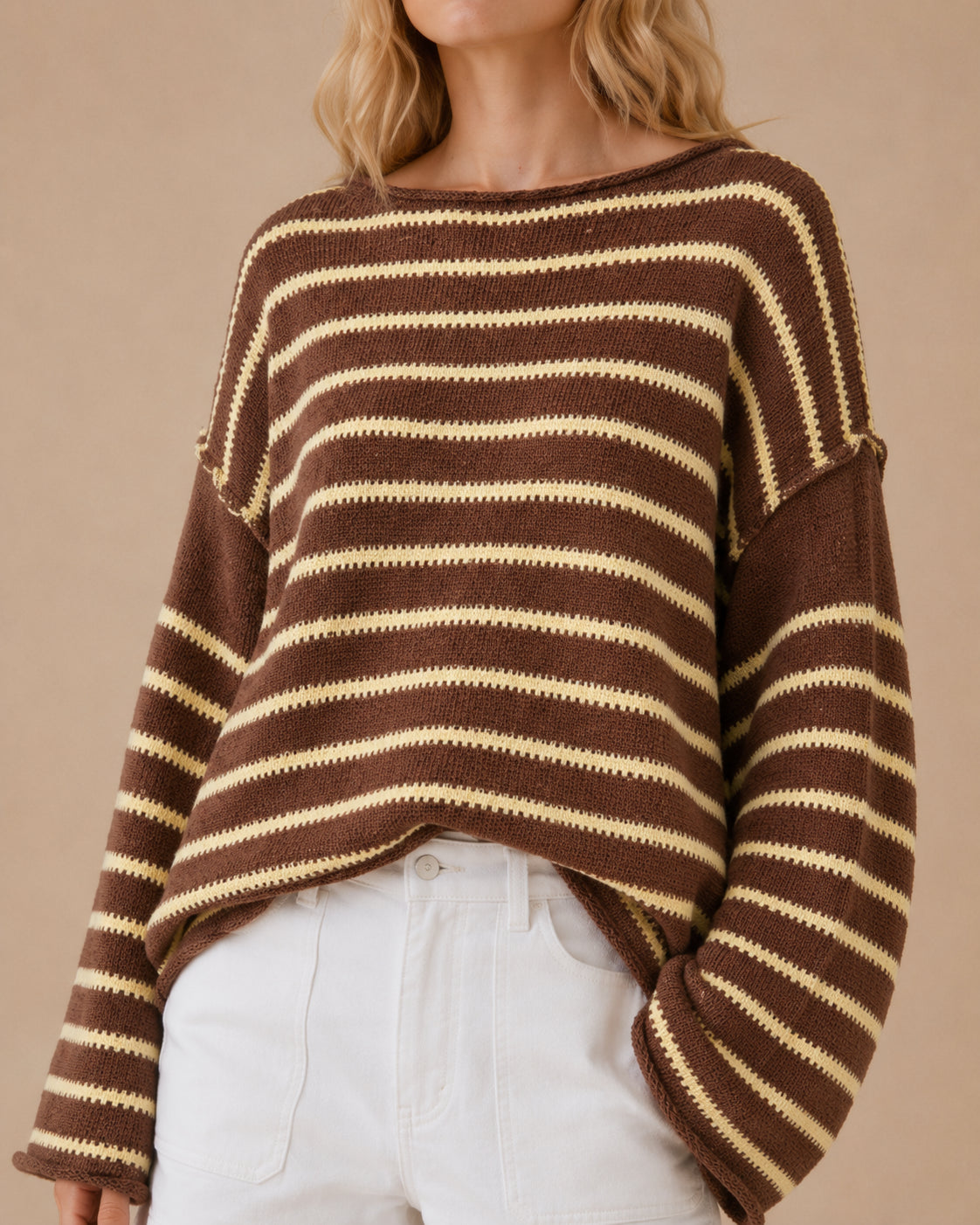 Roll Edge Stripe Sweater- Brown & Yellow
