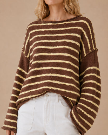 Roll Edge Stripe Sweater- Brown & Yellow