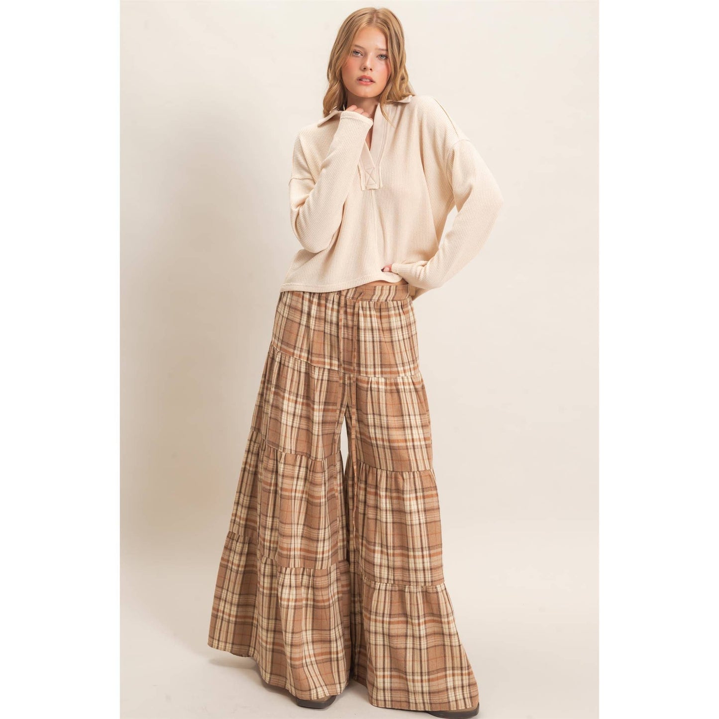 Tiered Plaid Wide-Leg Pants-Mocha
