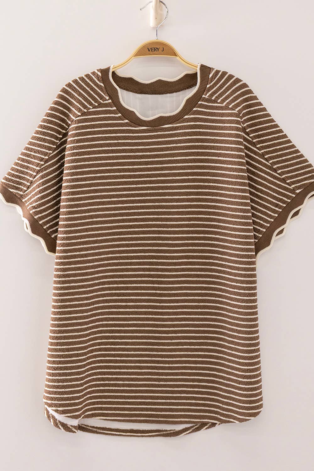 Scallop Trim Stripe Knit Top-Mocha Stripe