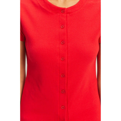 Ribbed Button-Front Crew Neck Top-Red