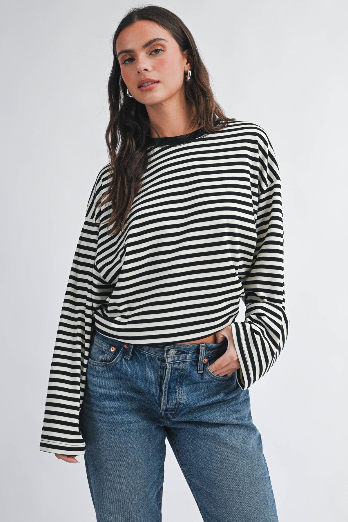 Olivia Oversized Stripe Long Sleeve Top-Chocolate