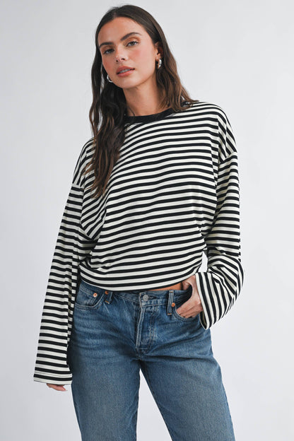 Olivia Oversized Stripe Long Sleeve Top-Chocolate