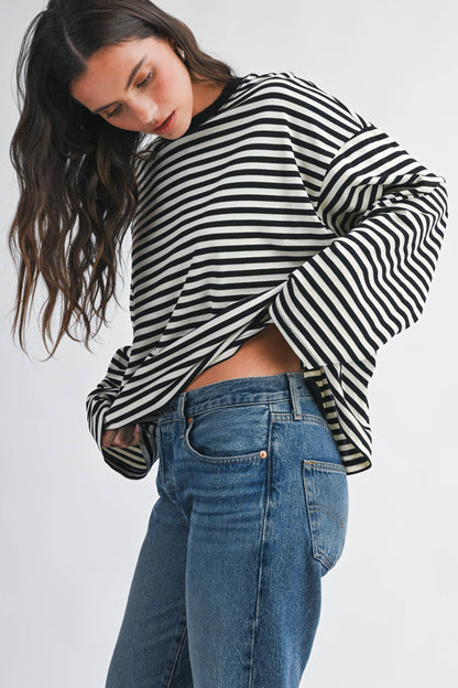 Olivia Oversized Stripe Long Sleeve Top-Chocolate